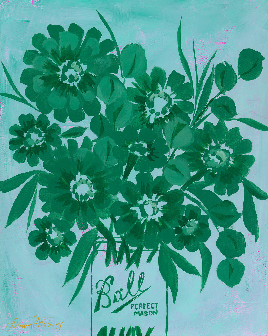 Zinnia Silhouettes: Aqua & Green Print